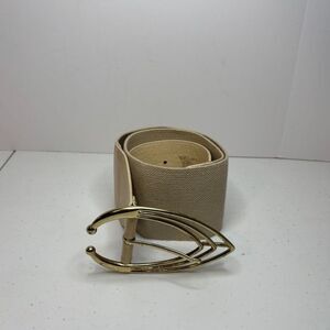 Stretch Fit Beige Leather Gold Leaf Buckle Wide Belt Womens Designer